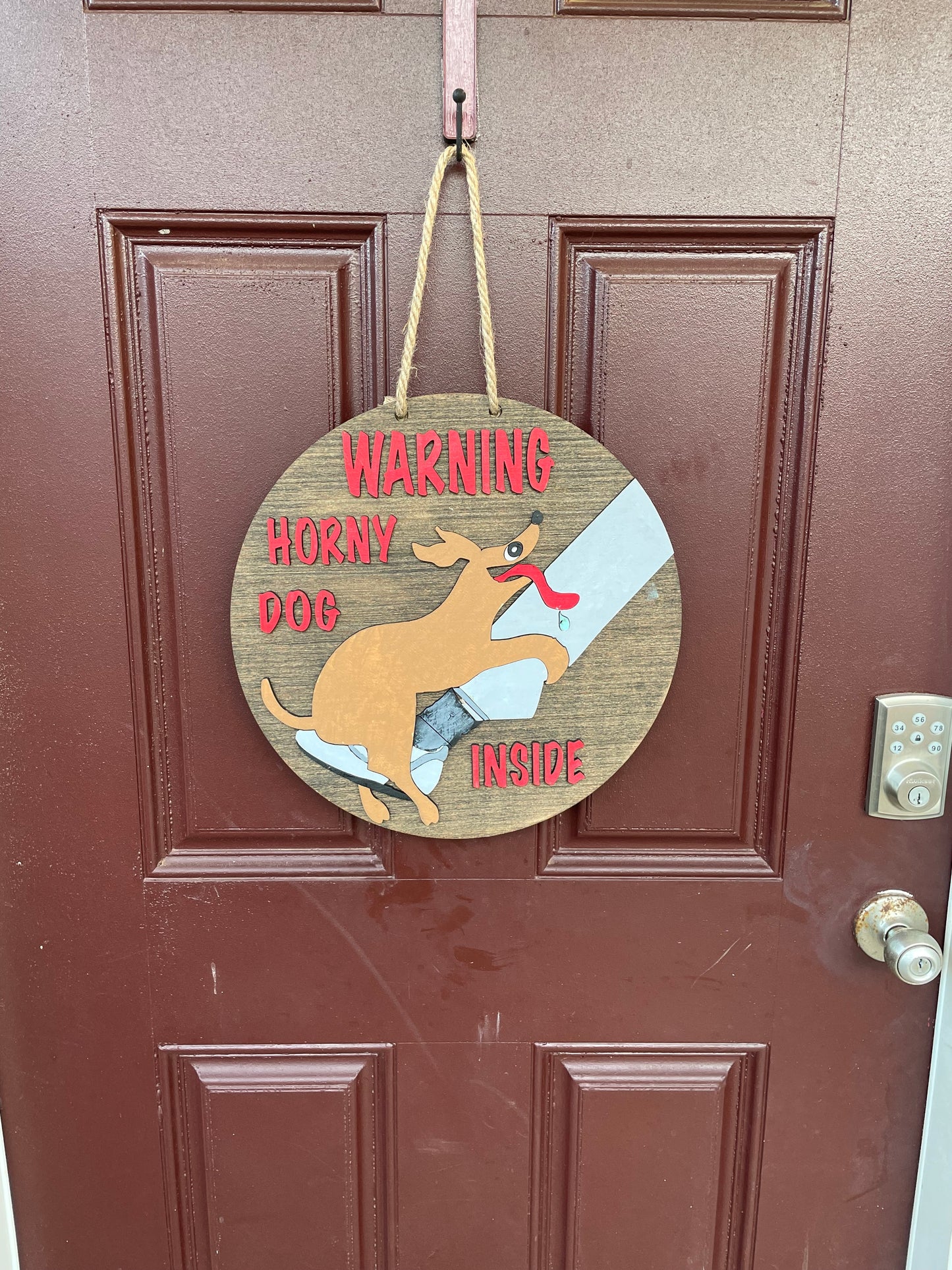 Humping Dog Door Hanger, 15" Horny Dog Sign for front door. Warning, Horny Dog Inside. Great gift for a dog dad or a dog mom