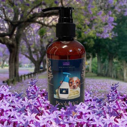 Dog Shampoo bottle on flower background