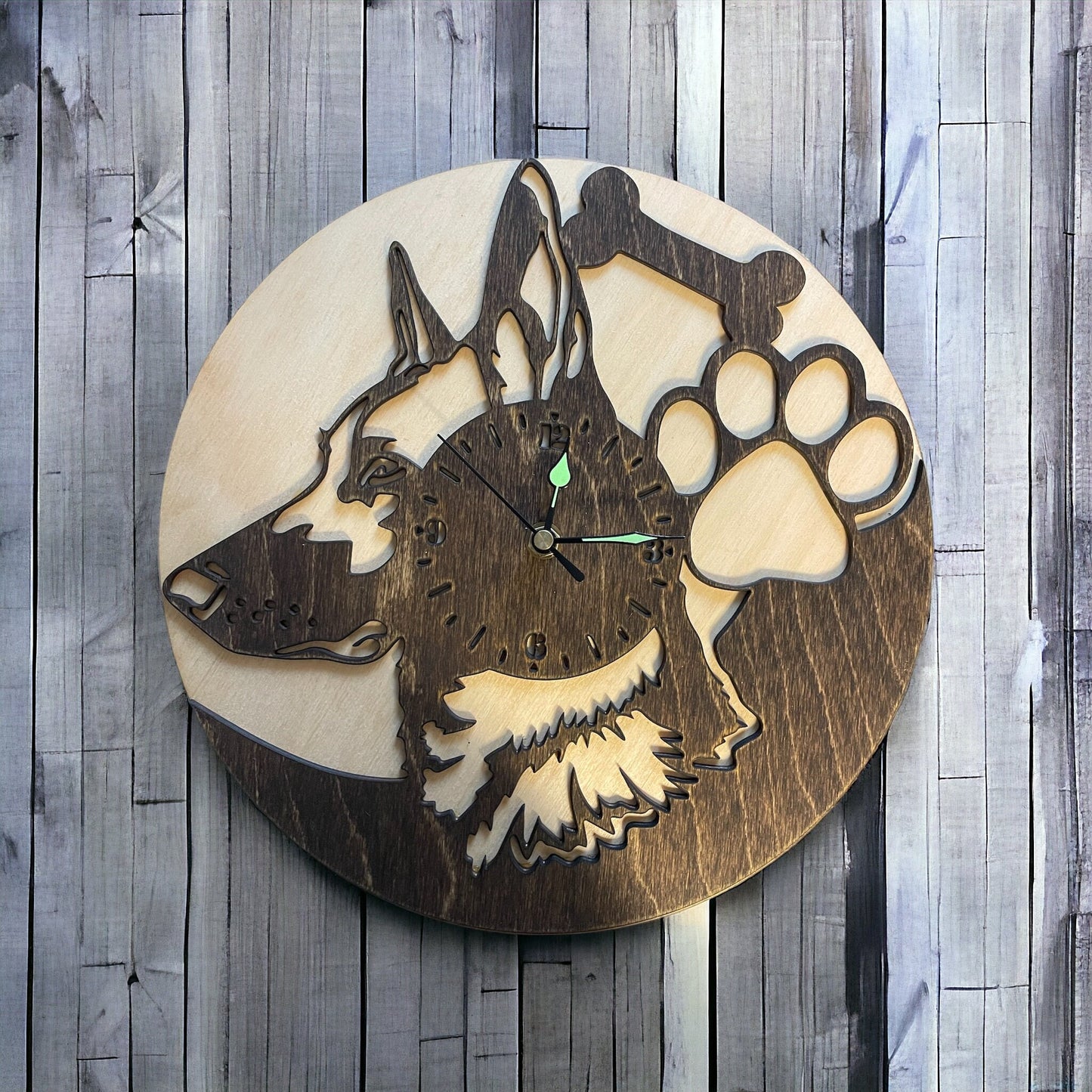 dog clock on wood background