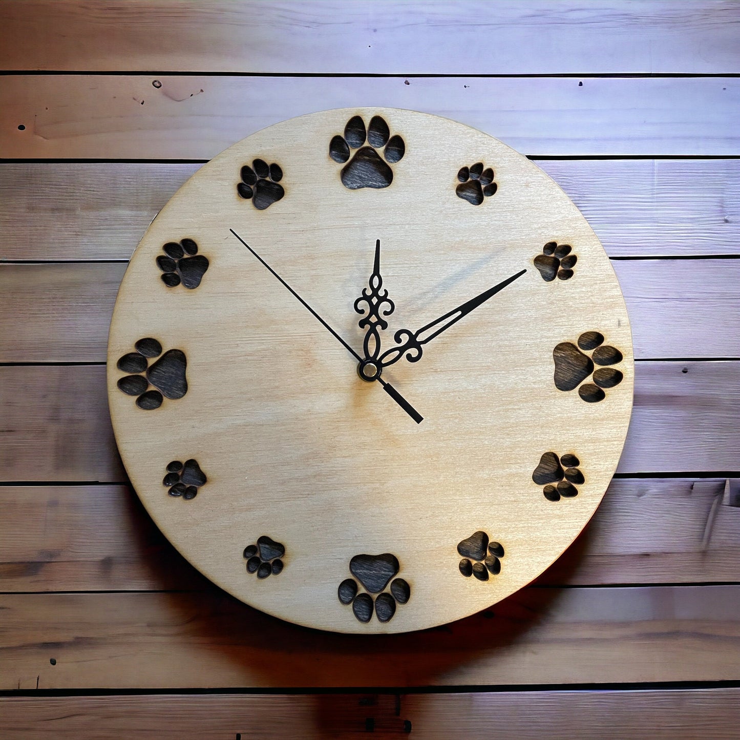 Dog Paw Clock on wood background