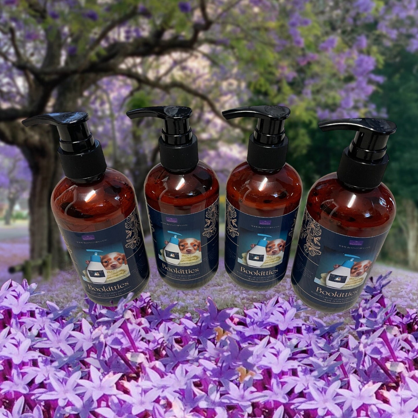 dog shampoo on flower background showing four bottles