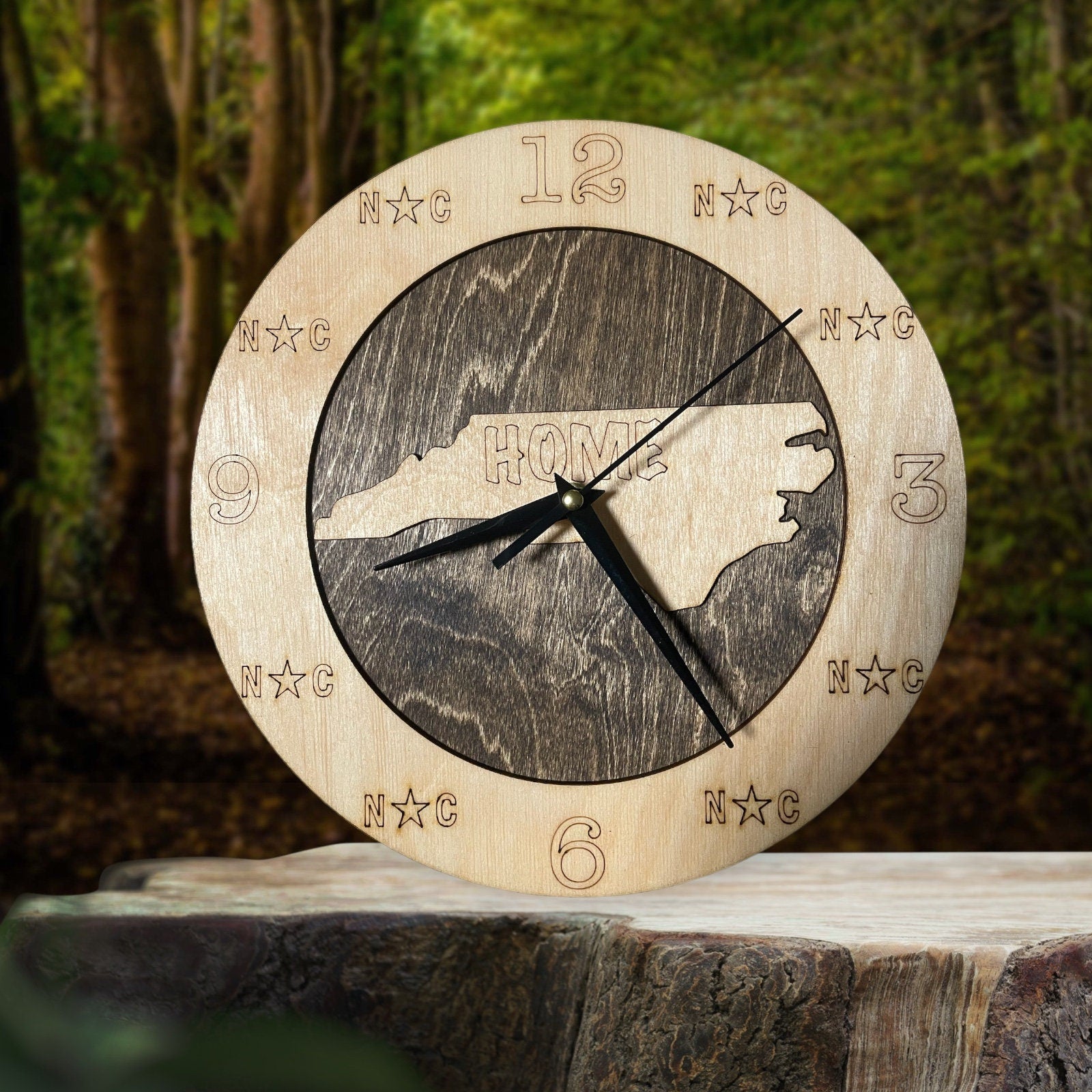 North Carolina Wall Clock on forest background