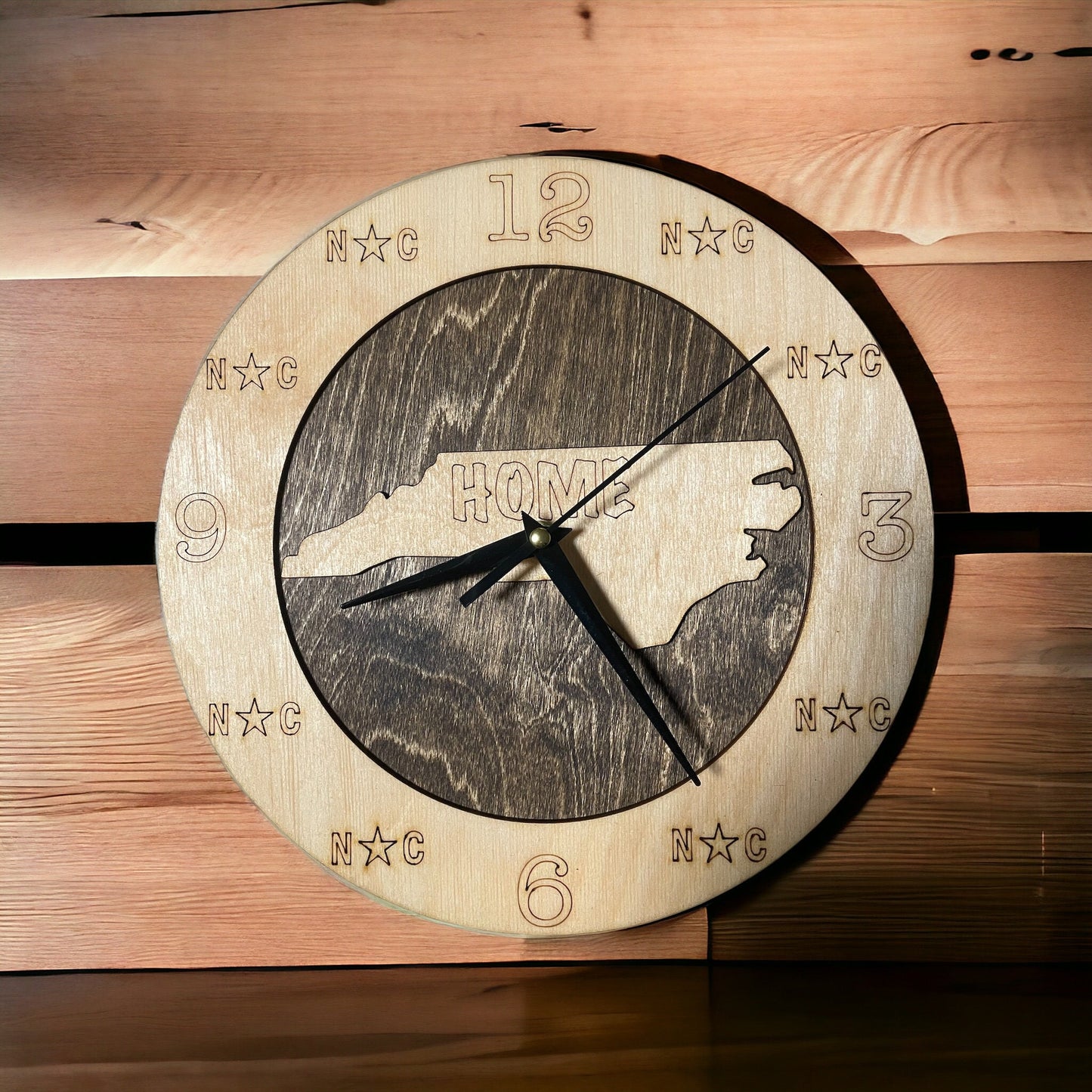 North Carolina Wall Clock on wood background