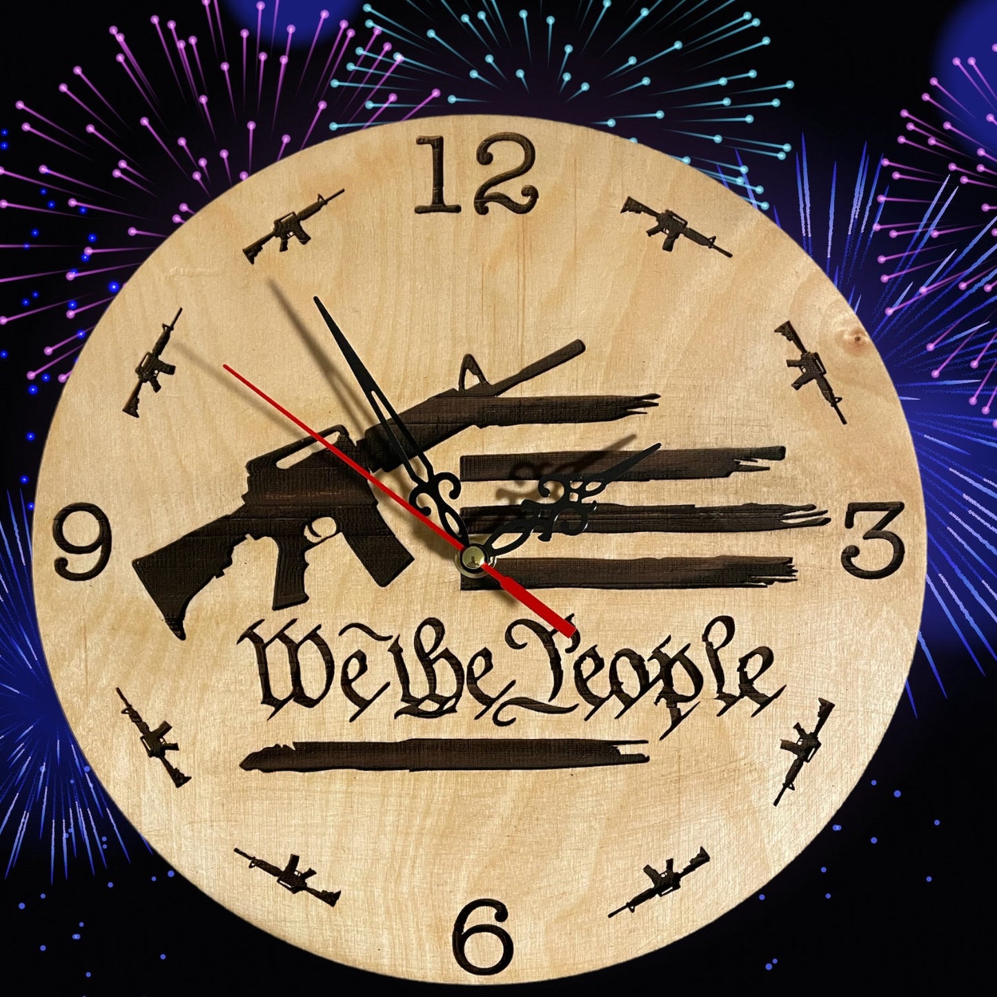 We the people clock on fireworks background