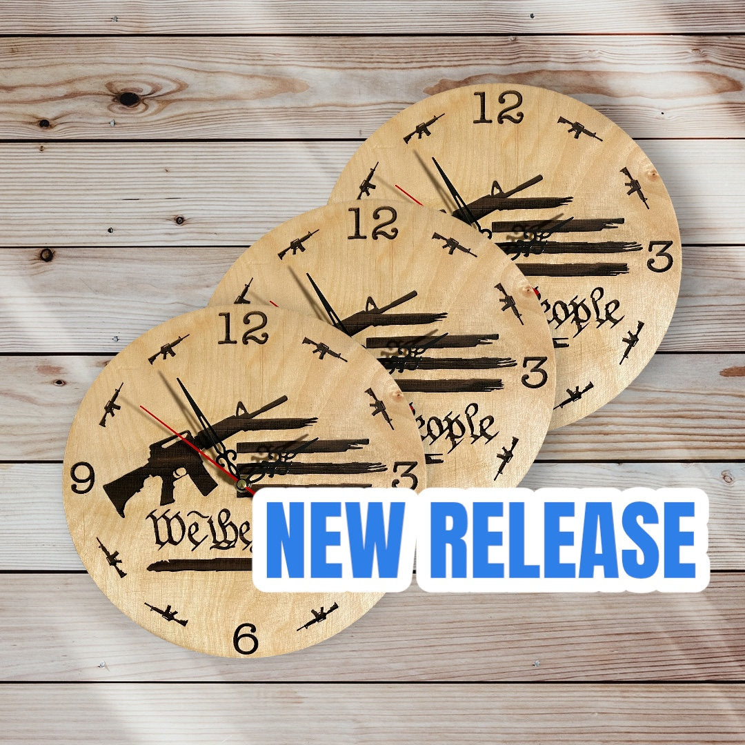 We the people clock on wood background showing three clocks