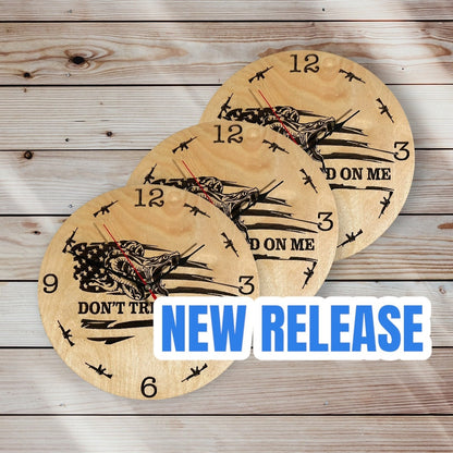 Don't tread on me clock with wood background showing three clocks