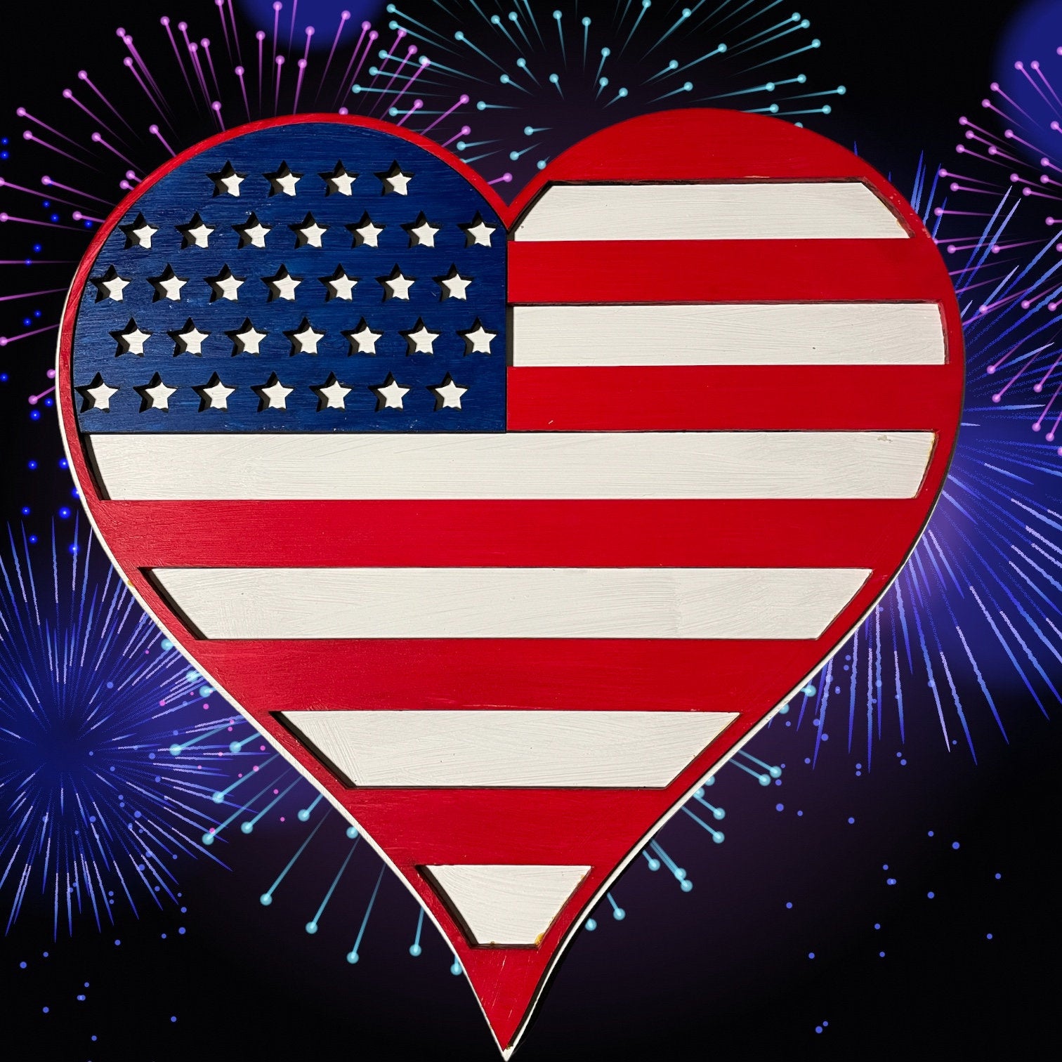 American Flag Door Hanger Heart Shaped on fireworks background