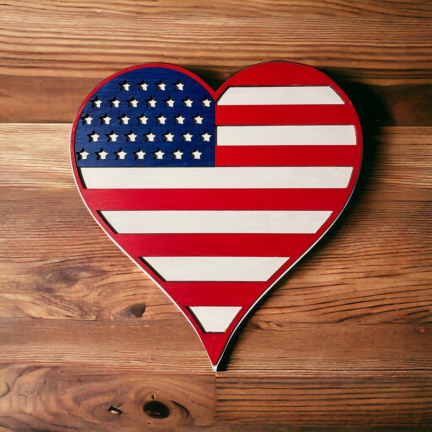 American Flag Door Hanger Heart Shaped on wood background